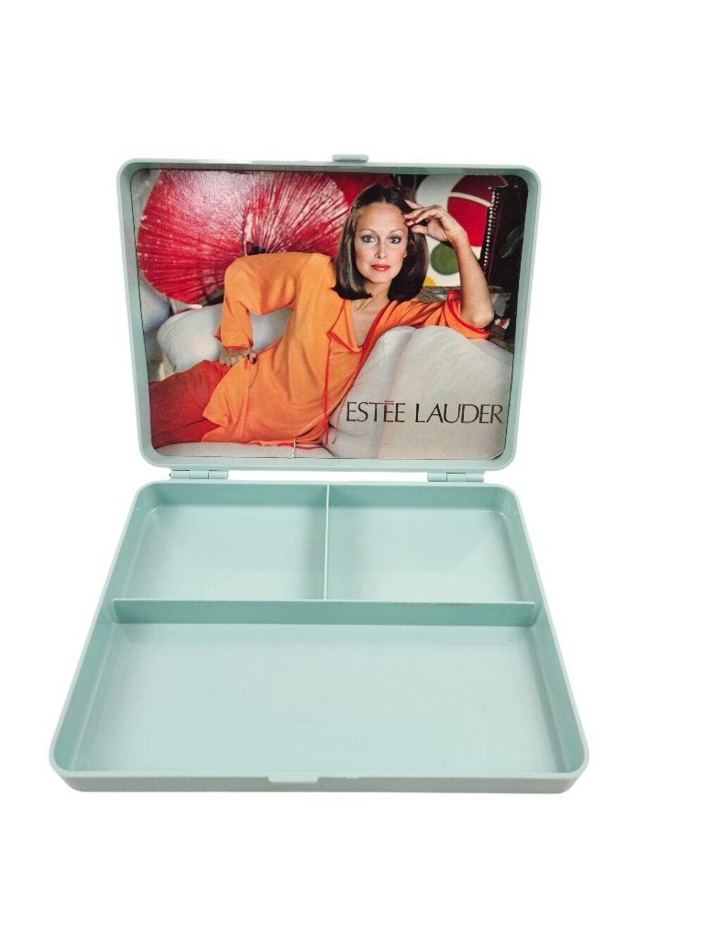 Estee Lauder Makeup Case Sea Foam 3 Section Clamshell Rectangle Vintage